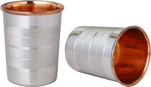 Miniatura 2 de Juego de 2 vasos exteriores de acero inoxidable e interior de cobre puro para beneficios de salud ayurveda, capacidad de 8.5 fl oz (patrón de
