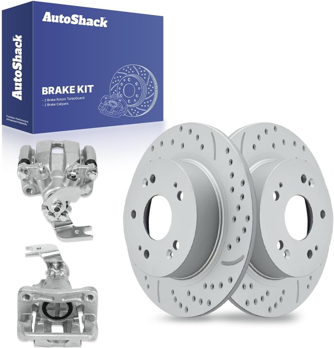 AutoShack Rear Brake Rotors & Calipers for Honda, Accord 2013-2017, FWD L4 2.0L 2.4L V6 3.5L - E-Coated Drilled & Slotted - ShadowGuard - 11.1" (282 mm), 5-Lug