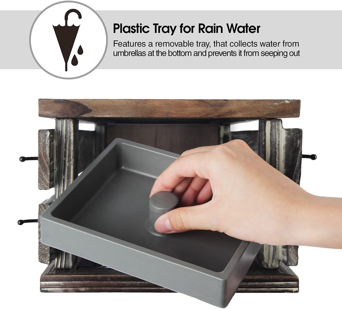 J JACKCUBE DESIGN Rustic Umbrella Holder with 4 Hooks, Wooden Rectangular Umbrella Stand Bucket Bin with Side Hangers for Entryway Home Office - MK703B (Rustic Wood)