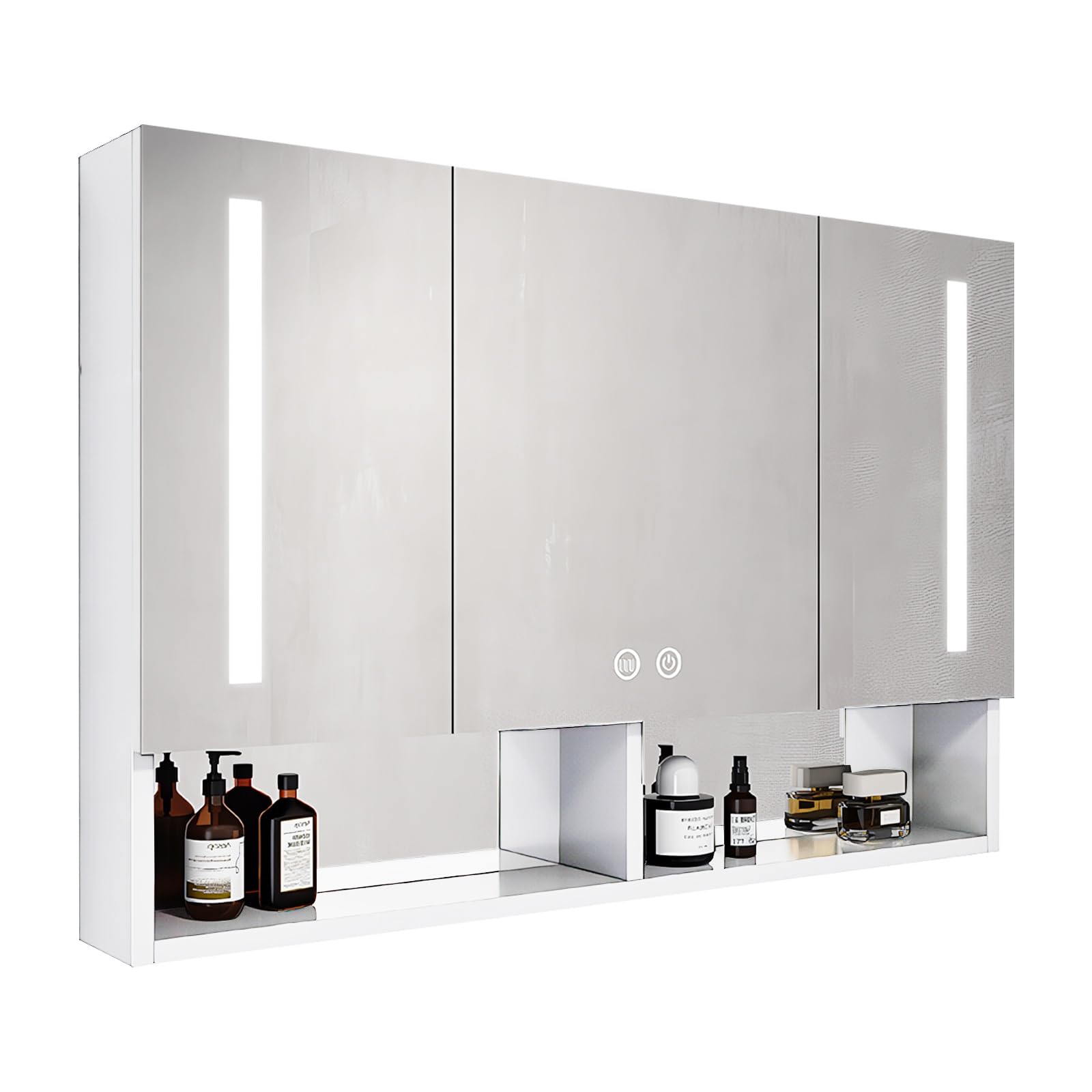 LED-Badezimmerspiegelschrank mit Beleuchtung, 90 x 68 cm, Anti-Beschlag-Schminkspiegel mit Touch-Dimmer, 3 verstellbare Ablagen, modernes weißes Design für stilvolle Badezimmer