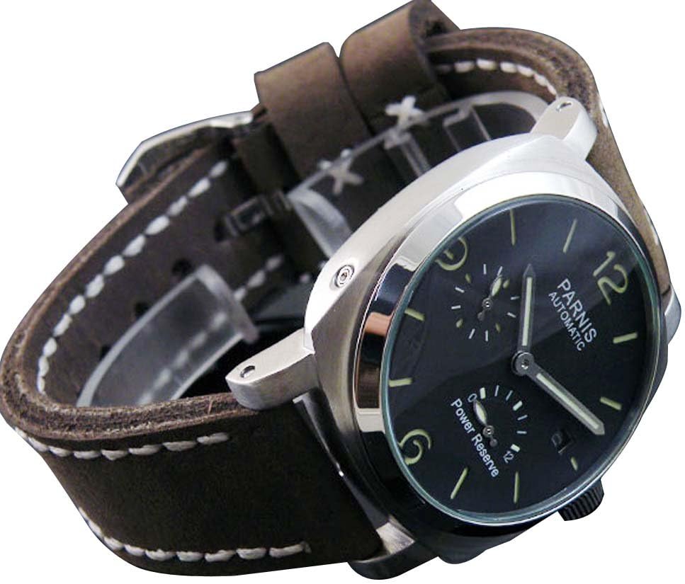 44mm Bow Glass Fanmis Black Dial Power Reserve Mens Automatic Watch Brown Cow Leather Strap