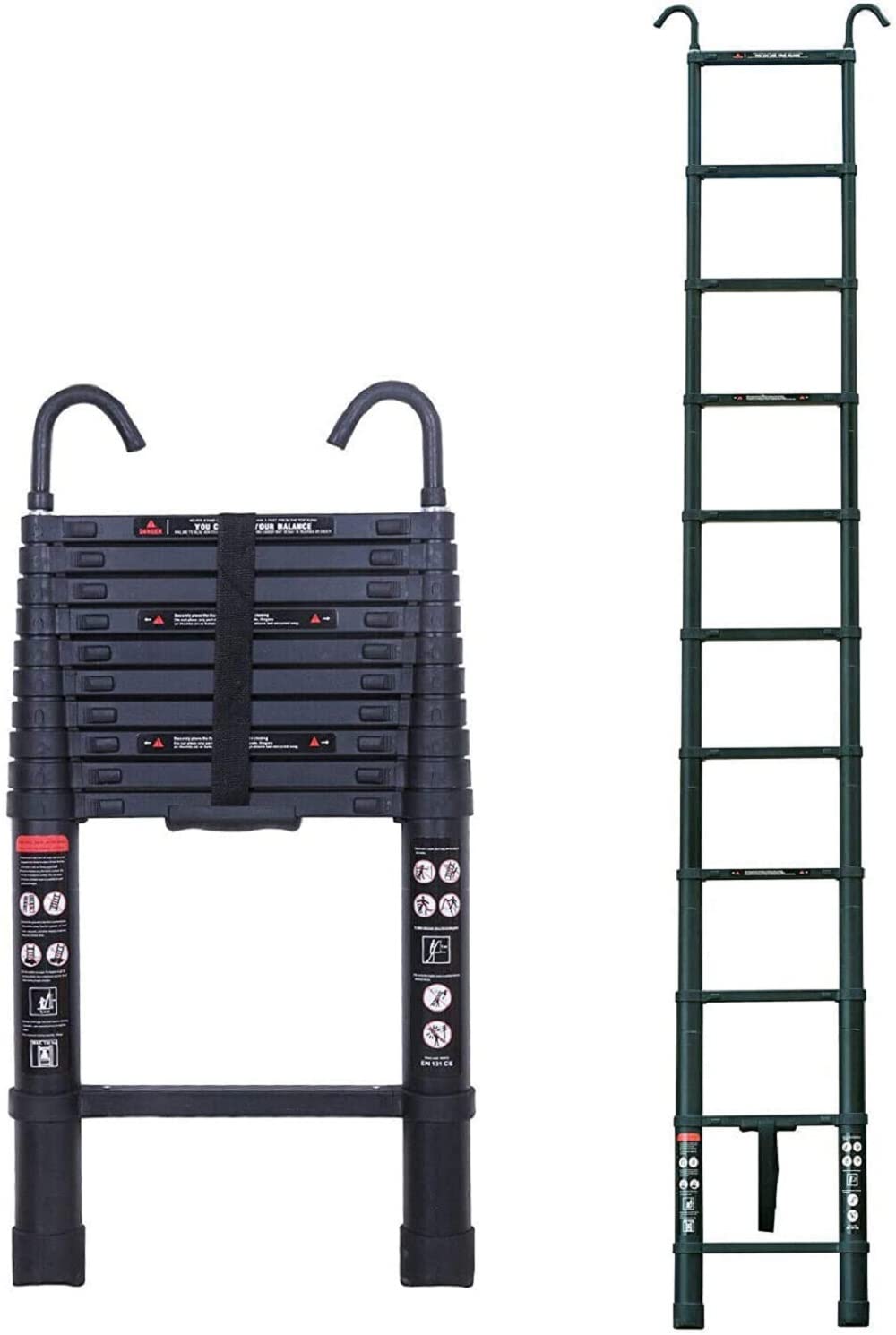 Faltbare Aluminium-Teleskopleiterverlängerung mit abnehmbarem Dachhaken EN131-Zertifikat Max. Belastung 150 kg/330 lb mit abnehmbarem Dachhaken 3,2 m/10,5 FT, Schwarz