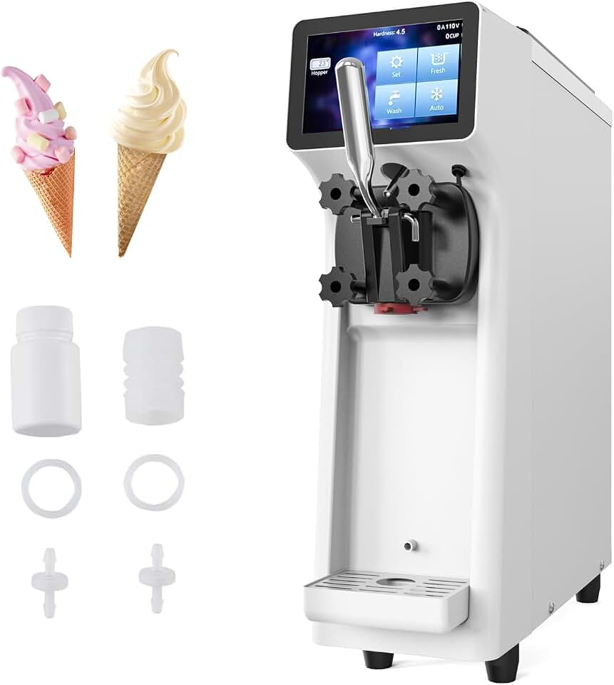 Commercial Ice Cream Maker Machine 1000W 2.7 to 4 Gal/H Single Flavor Soft Serve Ice Cream Machine Pre-cooling Auto Clean LCD Touch Screen Soft Serve Maker for Snack Bar Restaurants
