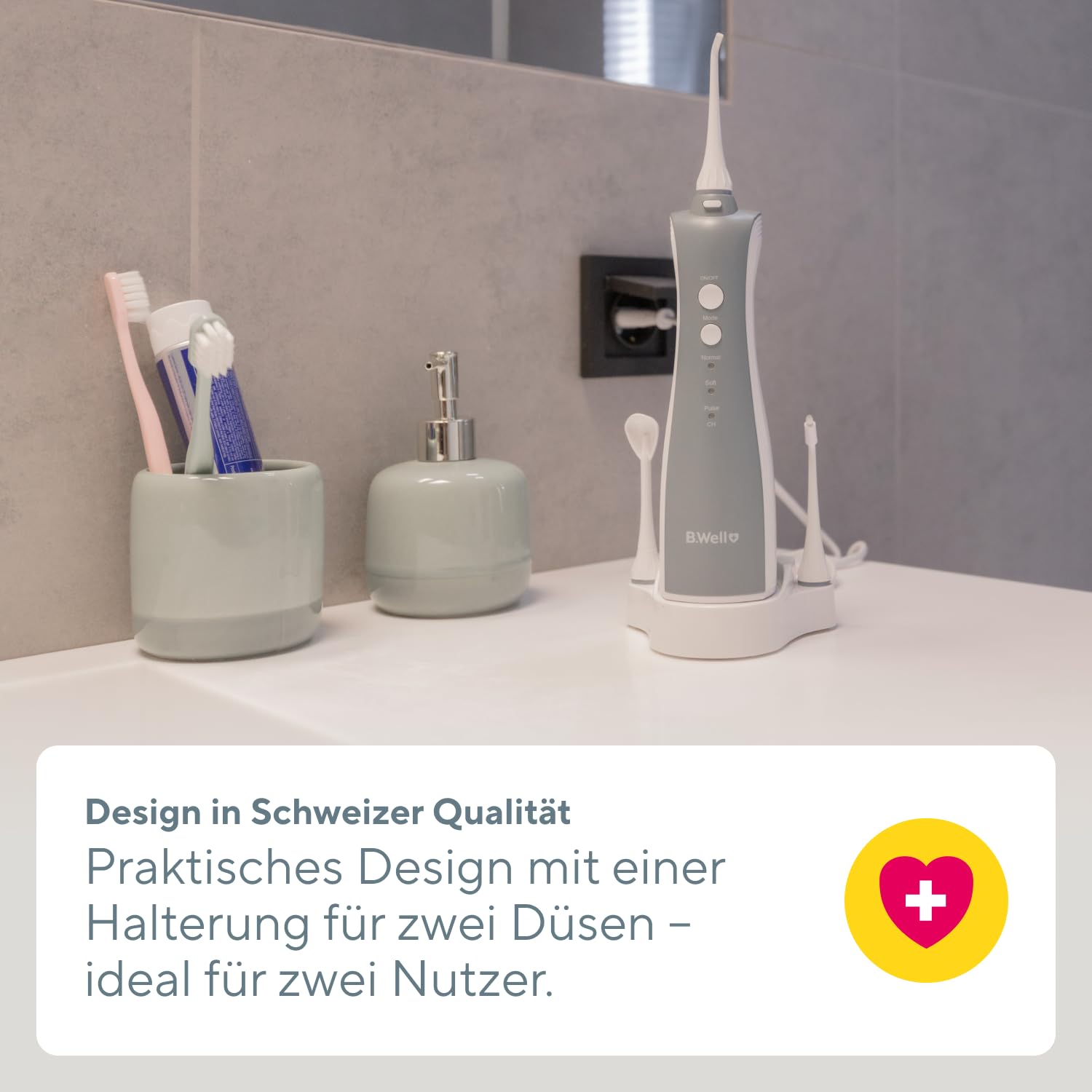 B.Well Swiss TH-912 tragbare und kabellose Munddusche, Praktisches Design mit 3 Betriebsmodi, 5 Düsen mit 360°-Rotation, bis zu einem Monat Akkulaufzeit, Inkl. einer praktischen Reisetasche