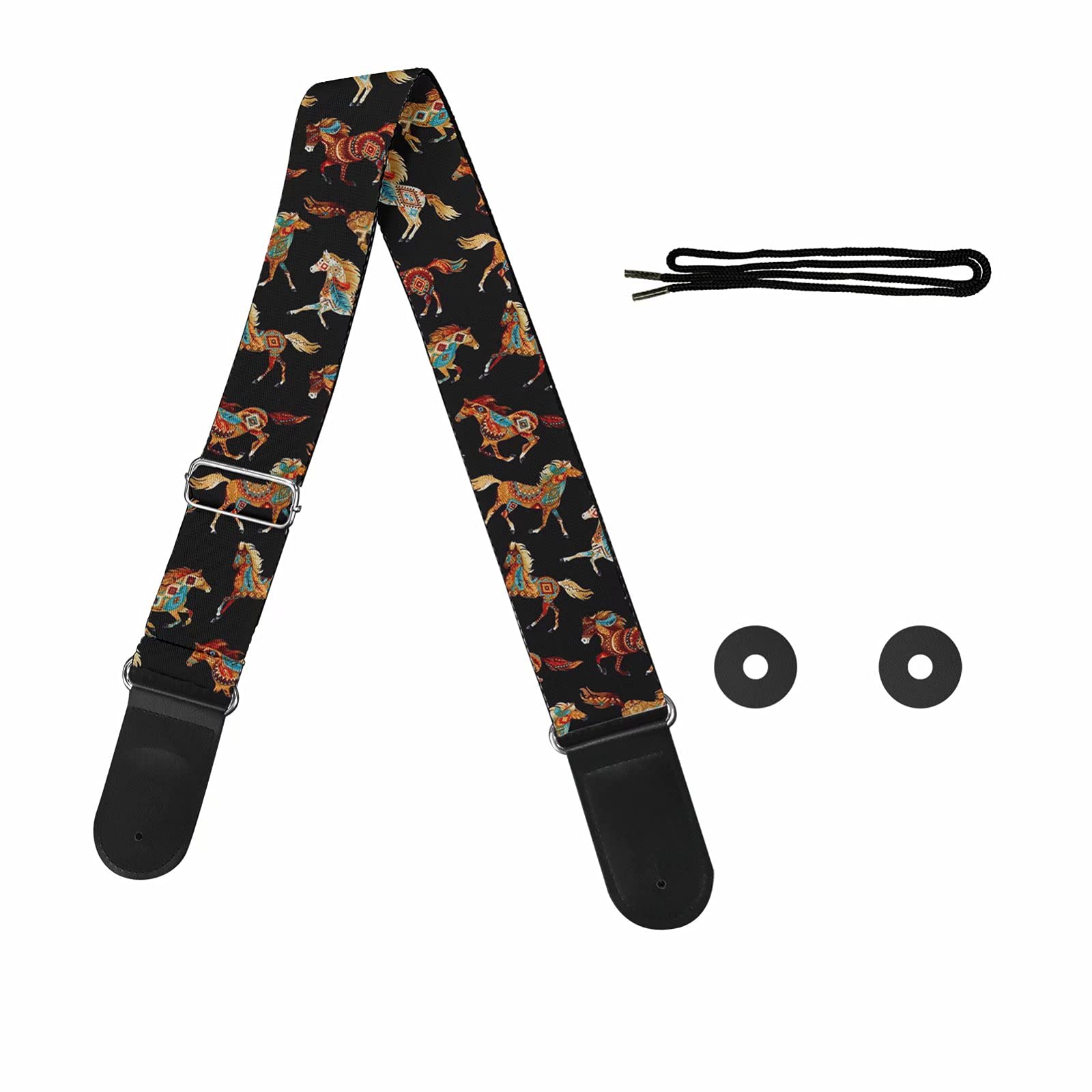 Pizding Unisex Horse Black Guitar Shoulder Strap Adjustable Tribal Horse Pattern Suitable For Bass,Electric,Acoustic Guitars Classical Guitar Strap Leather And Polyester
