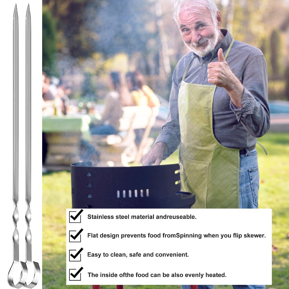 30pcs Spiedini per Barbecue,Spiedini Piatti,Lunghi 40cm Spiedini BBQ Riutilizzabile,Spiedini Acciaio Inox Per Barbecue,per Barbecue Grigliatura Carne Verdure Kabob (D-30pcs-40cm)