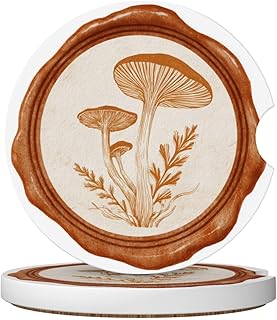 Watercolor Wax Seal with Mushroom Imprint Brown Car Coasters for Cup Holders,2pcs Anti-Slip Ceramic Car Coasters with Finger Notch Car Accessories