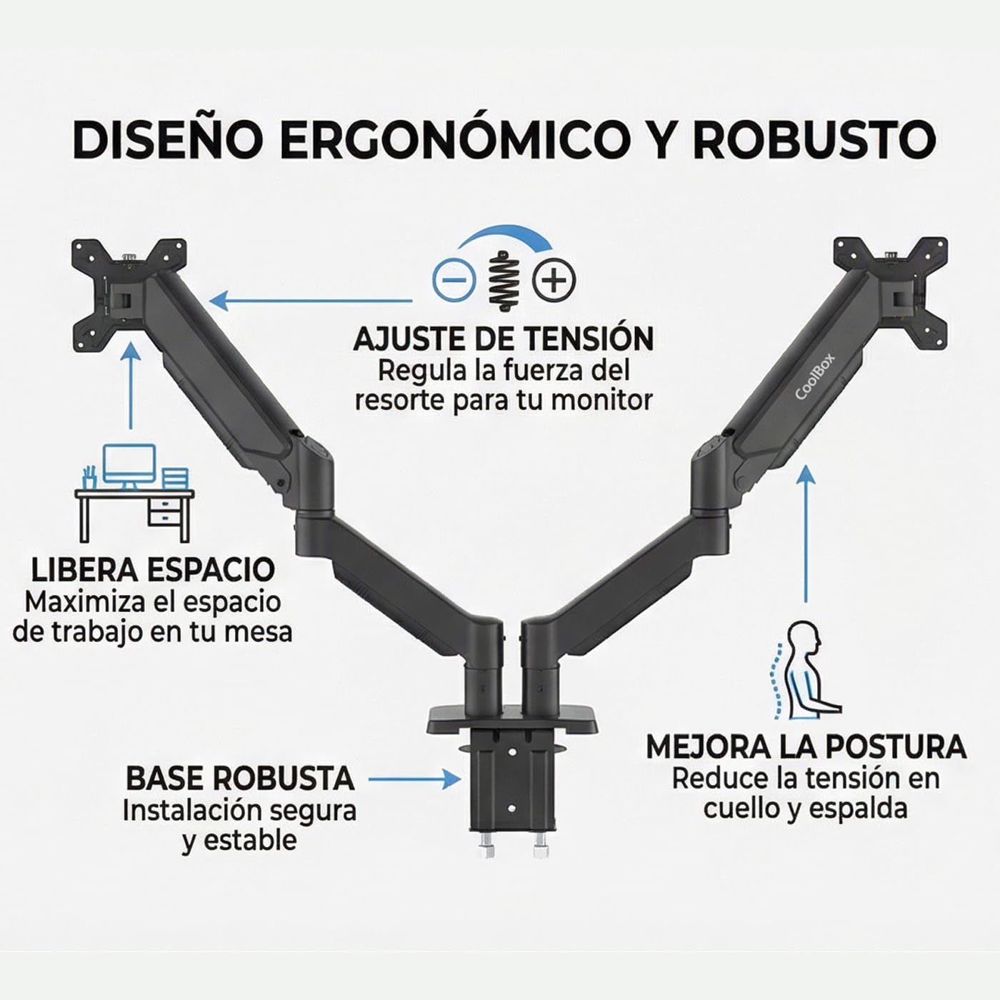 CoolBox M02D - Brazo Monitor Doble para Pantallas hasta 32", hasta 8Kg en Cada Brazo, Altura, Inclinación y Giro Ajustables, Rotación Monitor Vertical, VESA 75x75/100x100, Negro