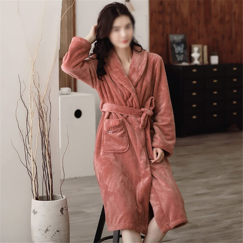 Frauen-Winter verdicken warmes Flanell-Pyjama-Set Langarm-Roben Nachtwäsche superweicher Fleece-Morgenmantel (Color : Pink, Size : L Code)