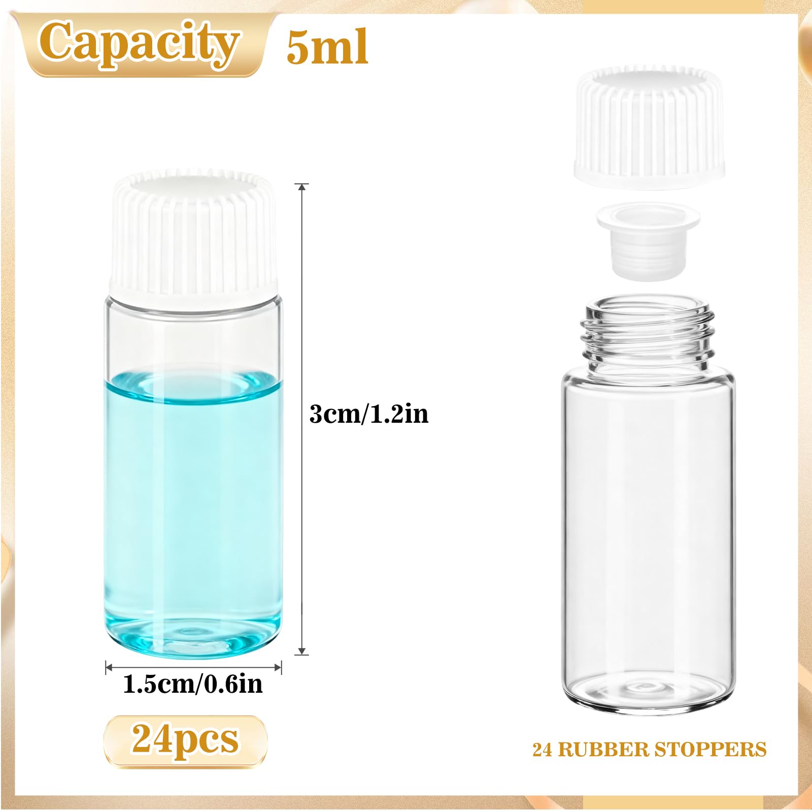 24 Pezzi Piccola Bottiglie di Vetro Campione,5ml Fiale di Vetro Trasparente Essential Oil Sample Glass Bottle Vial con Tappo a Vite in Plastica Contenitore