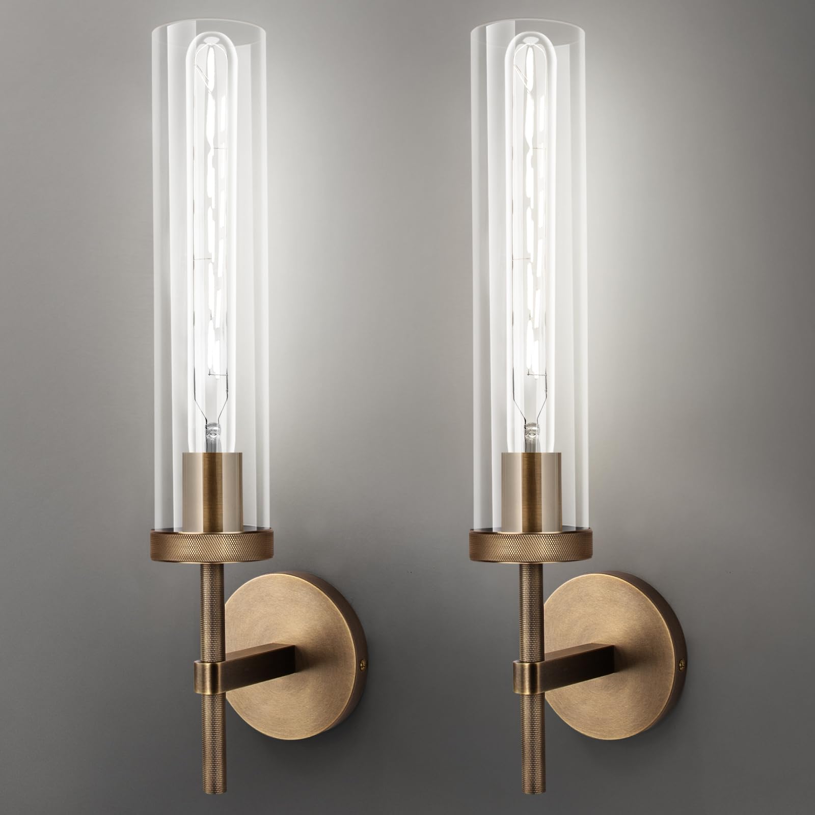 Bronze Wall Sconces Set of Two with White Lights, 19.5'' Brushed Brass Knurled Bathroom Sconces Wall Lighting Vanity Light with Clear Glass for Living Room Mirror Bedroom Stairs