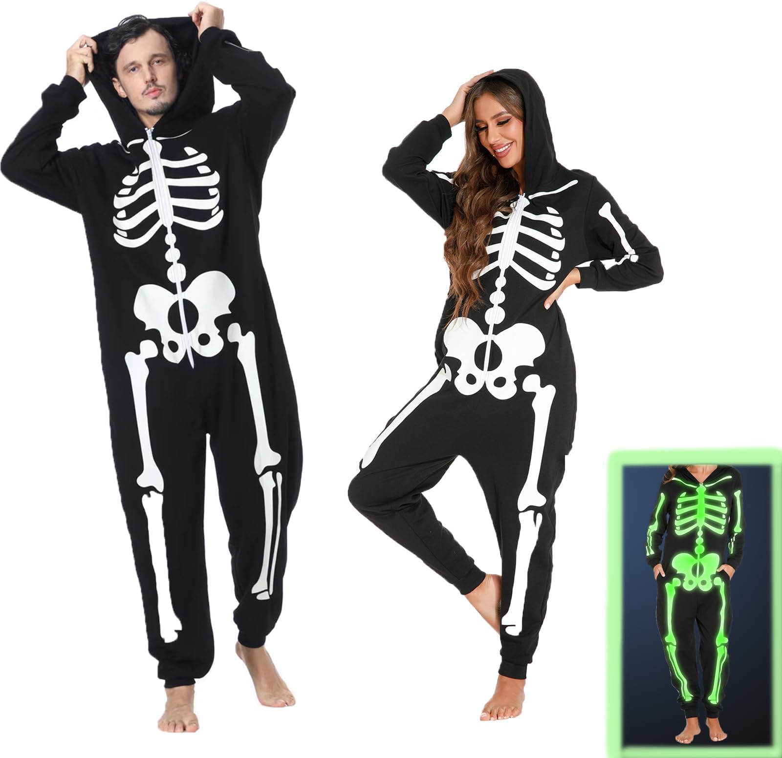 maxToonrainAdult Skeleton Luminous Onesies Costumes,Halloween Matching Family Pyjamas Zippered Hoody Onesie for Men and Women