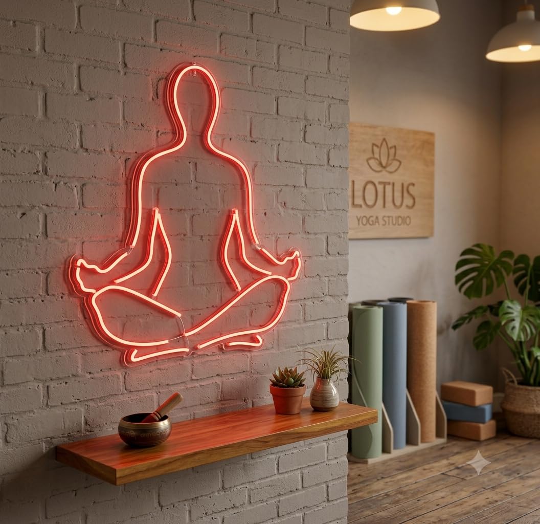 Letrero Neón LED Meditación Yoga, Figura Loto, Color Rojo 50 cm aproximadamente alimentación 12v