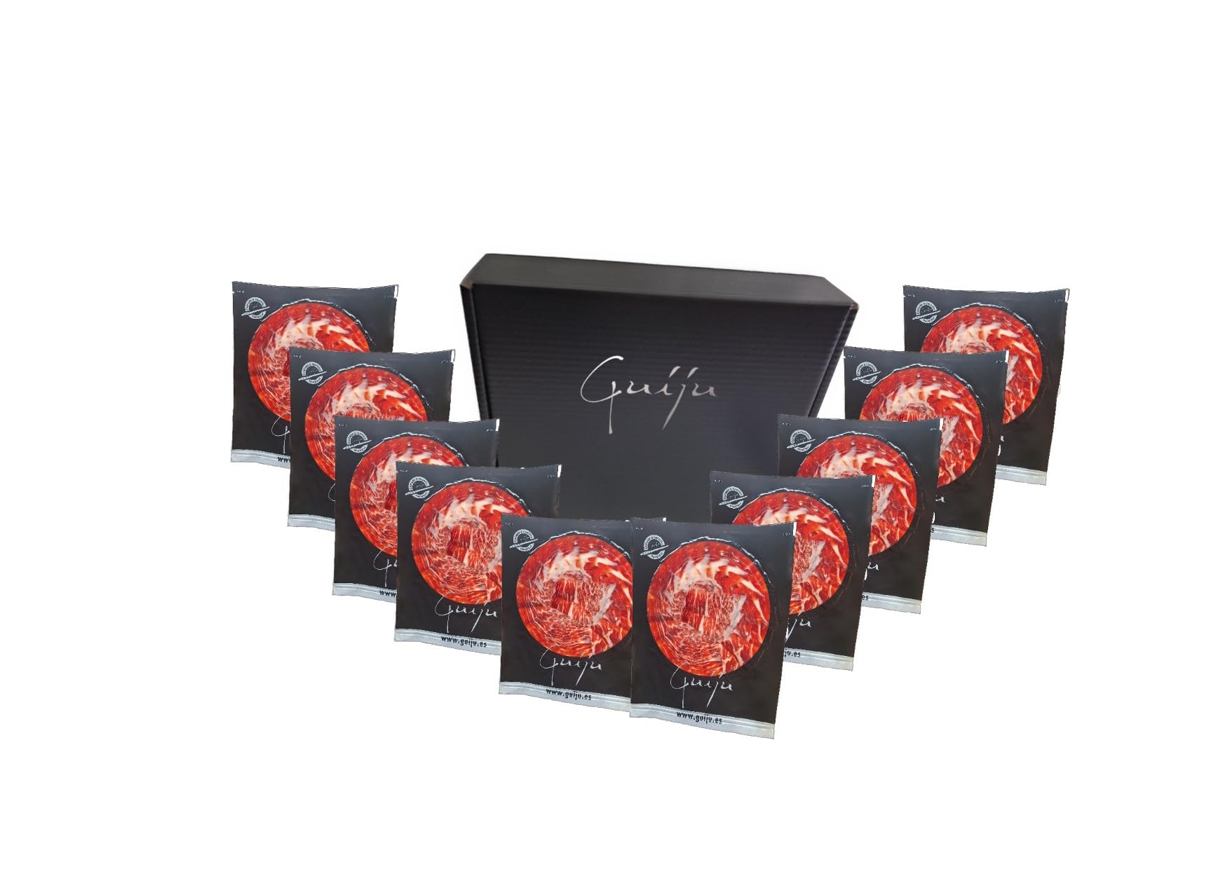 JAMON IBÉRIQUE D'appât -10 PLATS COUPE À COUTEAU DE 100 GR-LONCHÉ-50% RACE IBÉRIQUE.GUIJU.SALAMANQUE. FABRIQUE DE GUIJEULO, SALAMANQUE.