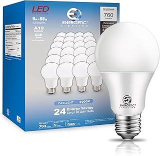 Energetic Light Bulbs 60 Watt Equivalent, A19 Daylight LED Light Bulbs, 15000 Hrs E26 Base, 9W 760LM 5000K Light Bulbs, UL Listed, Non-Dimmable, 24-Pack