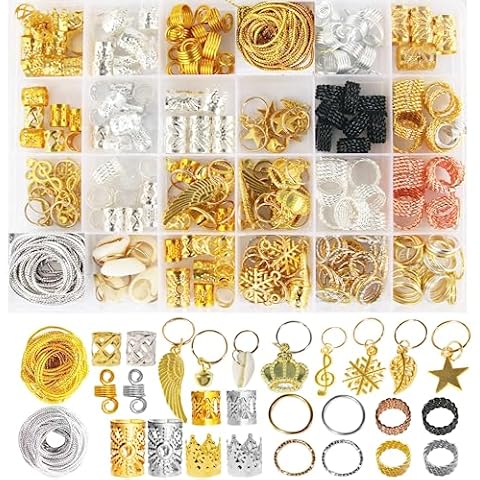 Nafaboig 260pcs Hair Accessories for Women Braids, Hair Jewelry for Braids, Dreadlock Accessories with Wire Wrapped, Metal Gold Silver Beads Braids Rings Cuffs Clips Charms for Hair Decoration Cover