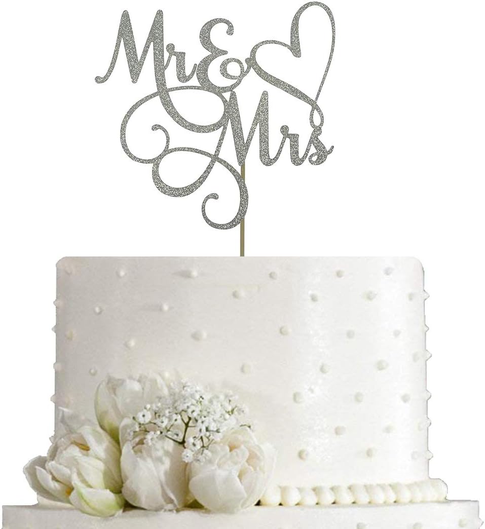 Silver Glitter Mr & Mrs Cake Topper - Wedding, Engagement, Wedding Anniversary Cake Toppers Decorations