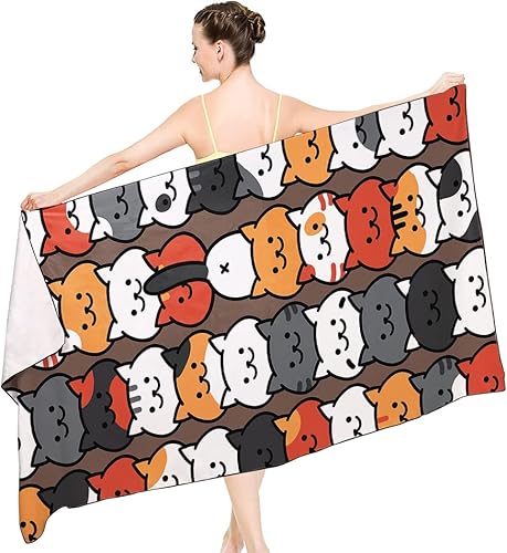 Miniatura 3 de Toalla de playa de gato de dibujos animados, patrón de cabeza de gato sonriente, toalla de microfibra de secado rápido y libre de arena de 36 x 72