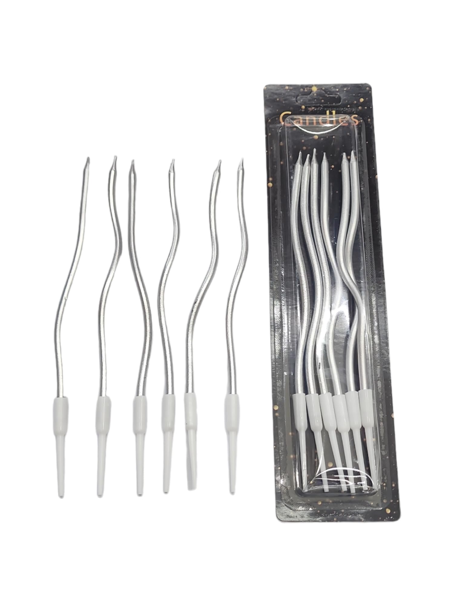 BeeBan 12 Twisted Spiral Cake Candles with Holders (Metallic Silver)