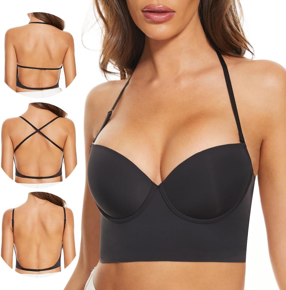 Low Back Bras for Women-Seamless Lightly Lined Invisible Backless Bra-Underwire Plunge Open Back Multiway Halter Bra