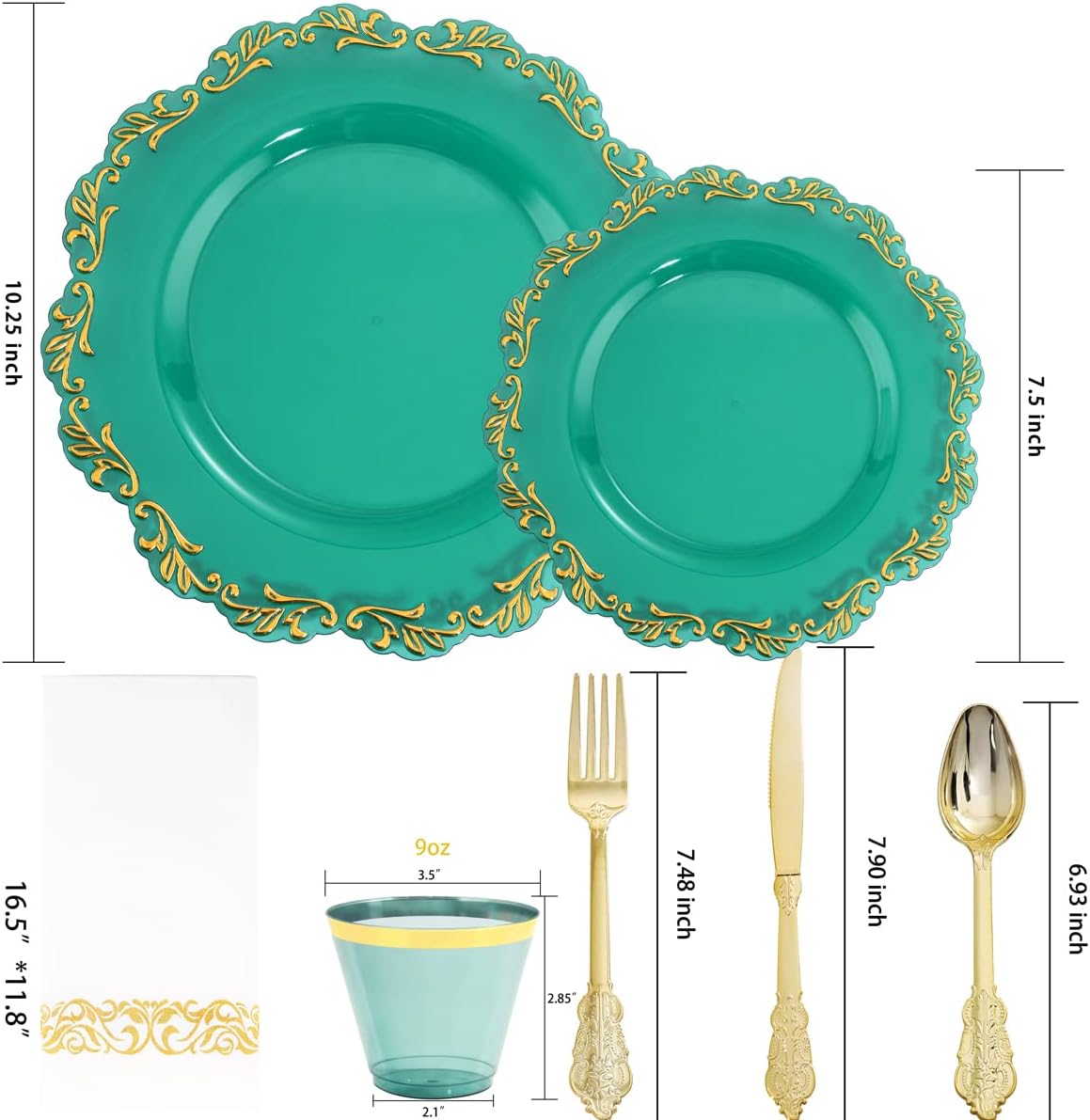 PULOTE 175PCS Clear Green Plastic Plates & Gold Plastic Silverware & Clear Green Cups & Gold Napkins Service 25 Guest for Party&Christmas