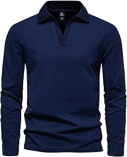 Camisetas Negras Hombre - Camisa BáSica De Manga Larga con Solapa Y Cuello En V De Color SóLido A La Moda Informal para Hombre Camiseta Negra Deporte