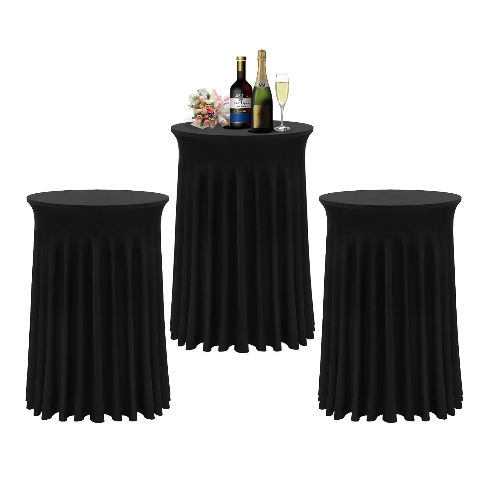 BDDC Cocktail Table Covers - 3 Pack 32"x 43" Black Cocktail Table Tablecloth with Natural Wavy Round Table Skirt Fitted High Top Table for Bar Wedding Party Banquet