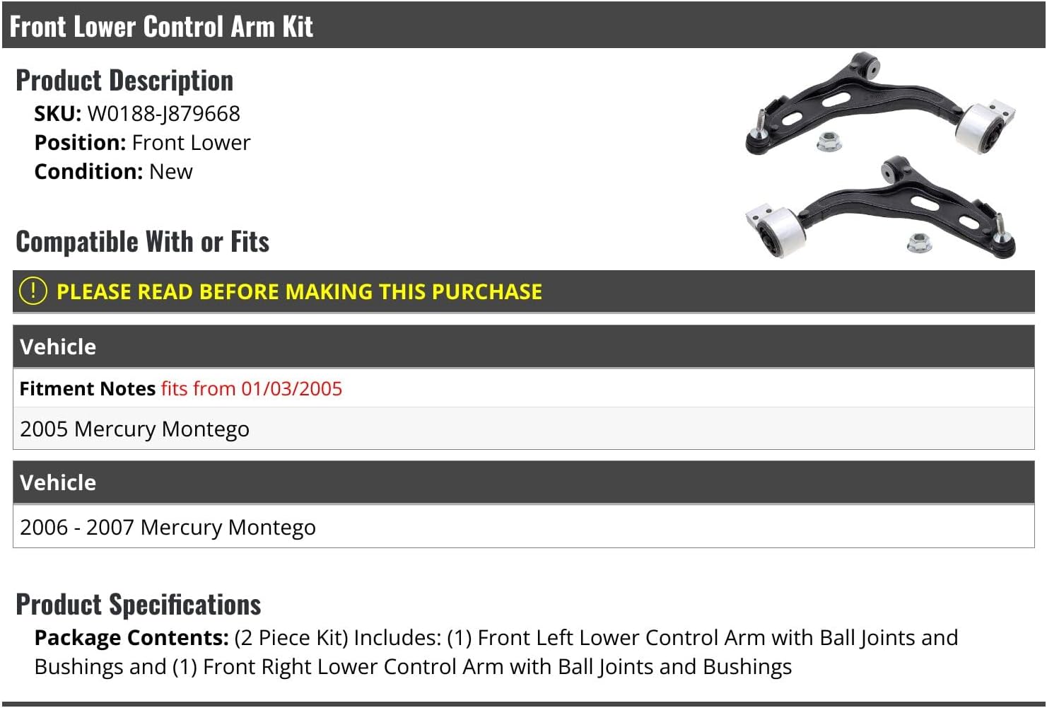 Front Lower Control Arm and Ball Joint Kit - 2 Piece - Compatible with 2005-2007 Mercury Montego (Fits from 01/03/2005 Vehicle Production)