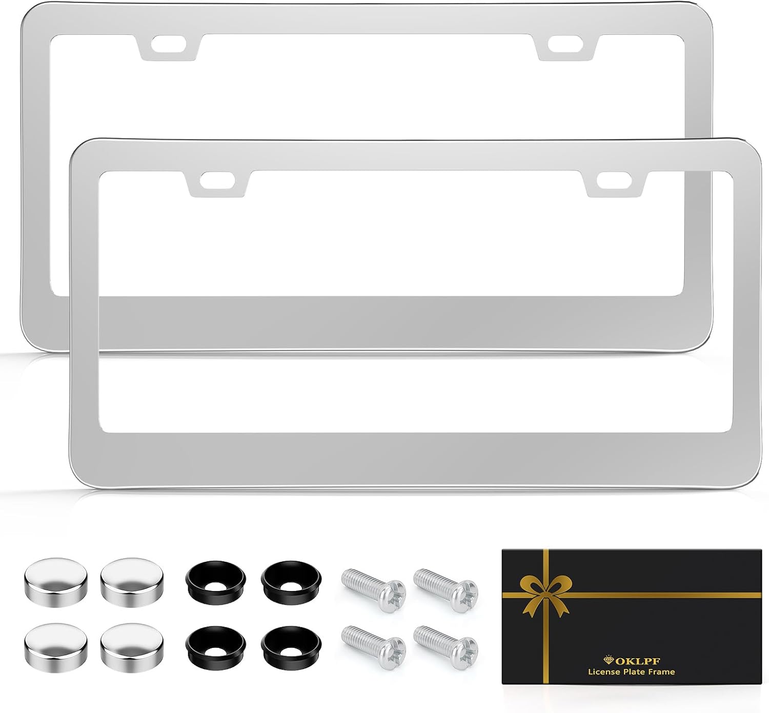 OKLPF Silver License Plate Frames, License Plate Holder, License Plate Front and Back 2-Pack. (2 Hole), Nuts, Screws and Washers Included