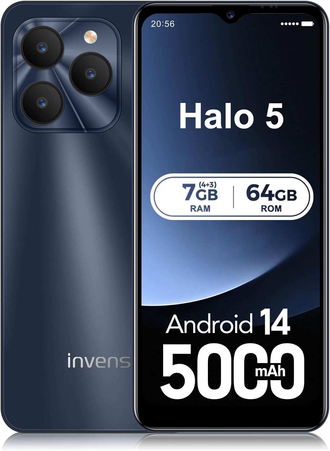 invens Halo 5 Mobile Phone Without Contract - 7GB (4+3) + 64GB / 256GB Smartphone Without Contract Android 14, 6.52 Inch Screen 5000 mAh Mobile Phone Cheap, 16MP + 8MP Camera, 4G Dual SIM/Face ID/GPS