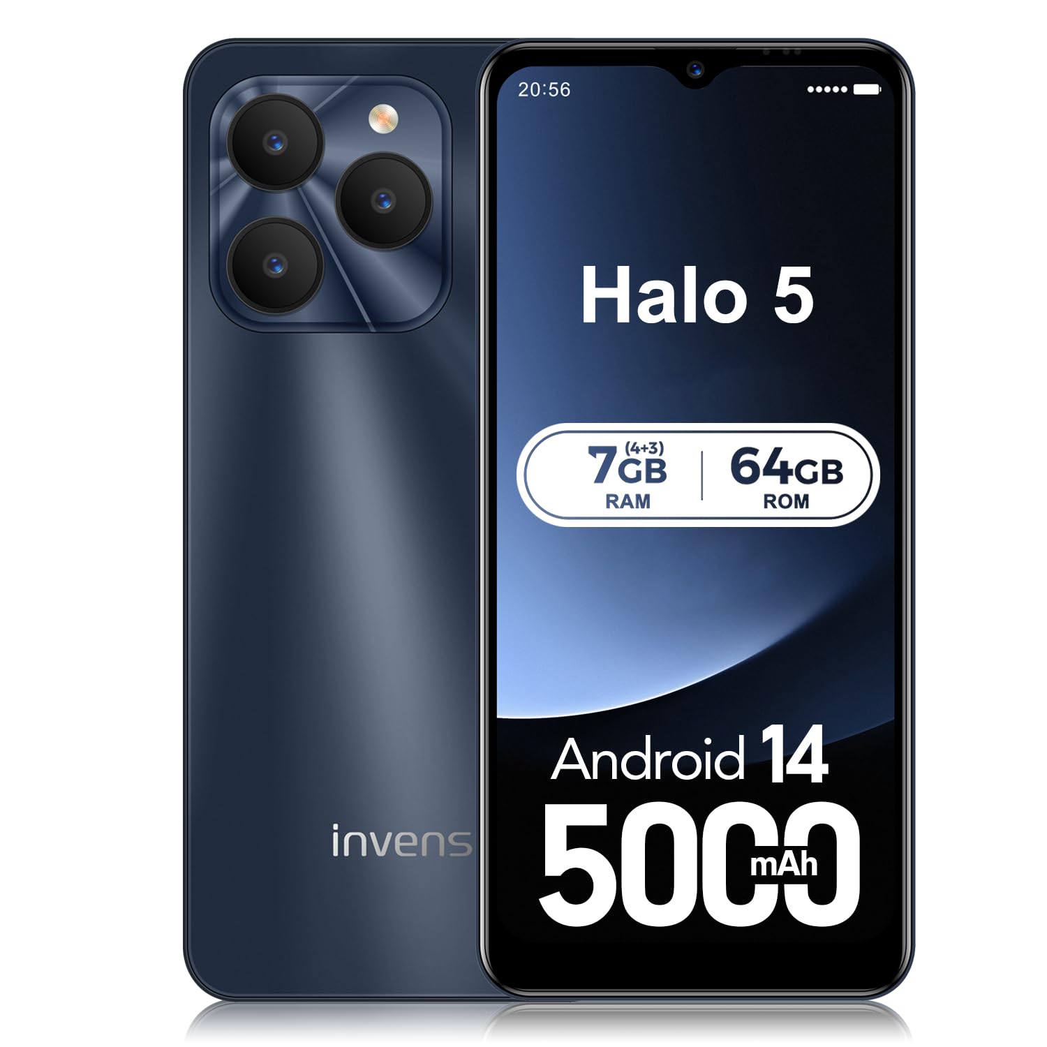 invens Halo 5 Smartphone Ohne Vertrag - 7GB(4+3)+64GB /256GB Android 14 Handys, 6,52 Zoll Bildschirm 5000mAh Handy Günstig, 16MP+8MP Kamera, 4G Dual SIM/Face ID/GPS/3.5mm Jack, Dunkelblau