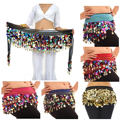 Image of VRITRAZ Women's Chiffon Belly Dance Hip Scarf Waistband Belt Skirt Mixed Colors Beads and Golded Coins 56 Black