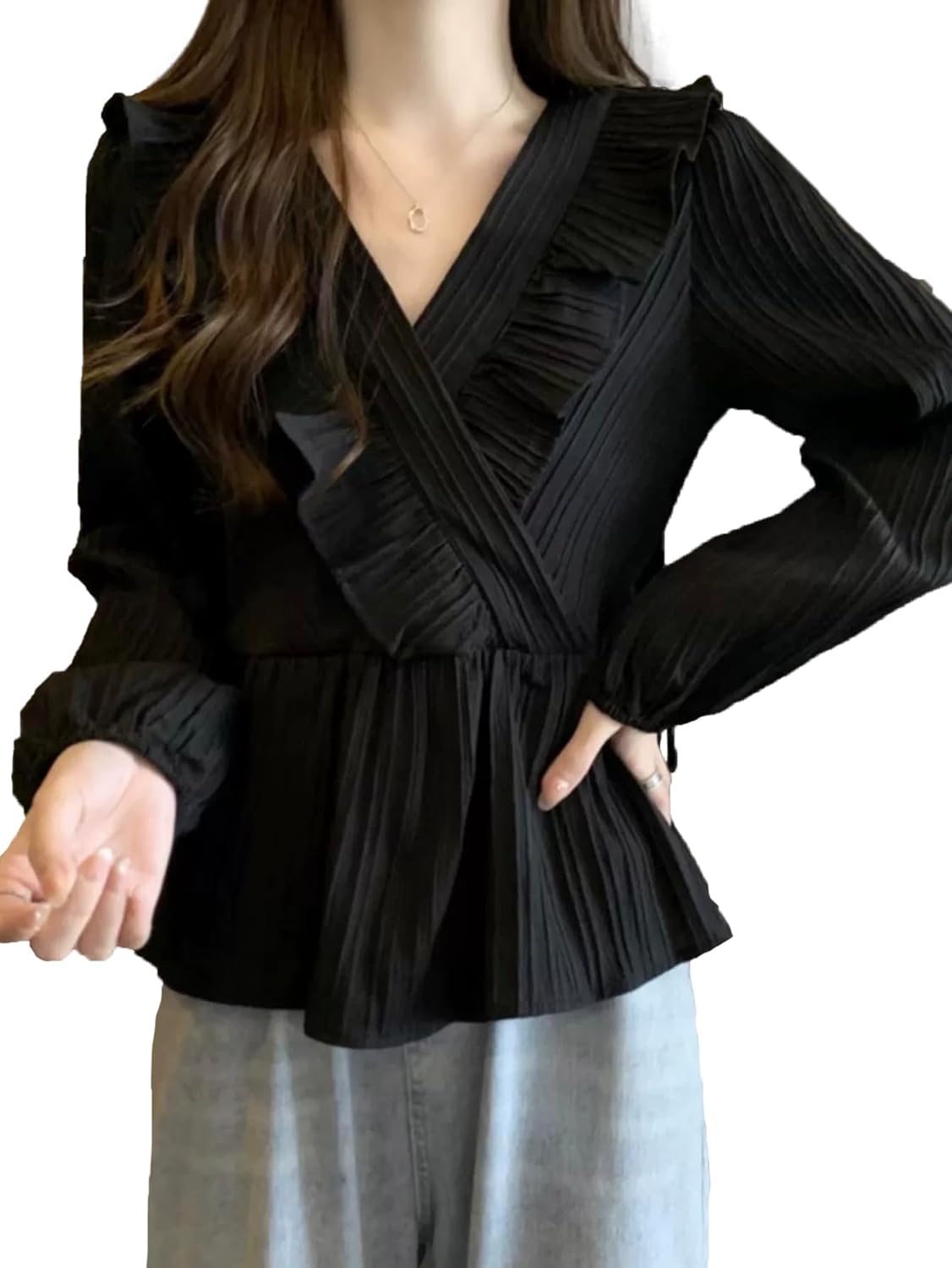 Women Ruffle Trim Pleated Cute Blouse Long Sleeve Tops Vintage Shirts - Image 6