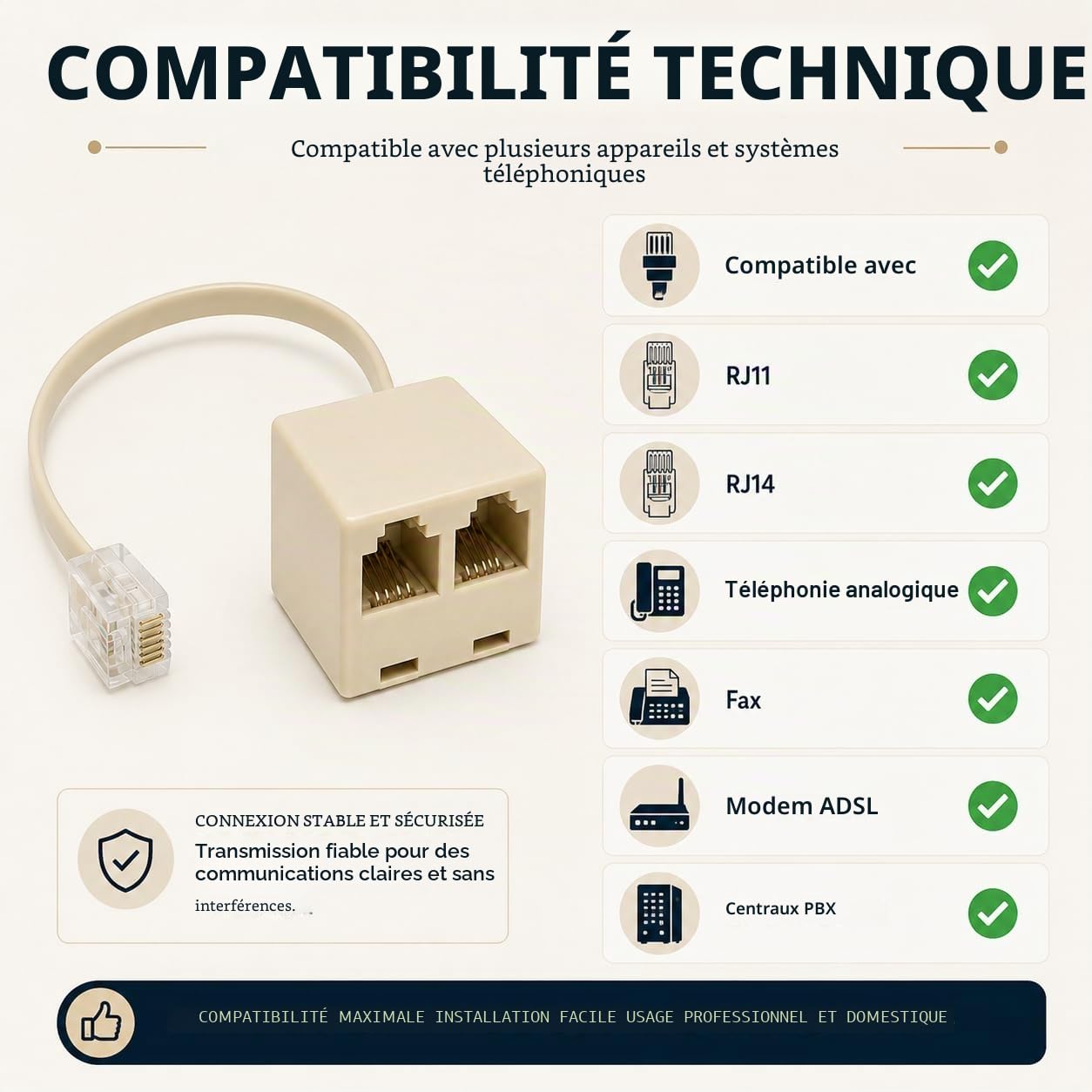 CABLEPELADO Répartiteur de téléphone 6P4C RJ11 mâle vers double RJ11 | Adaptateur avec câble - Beige