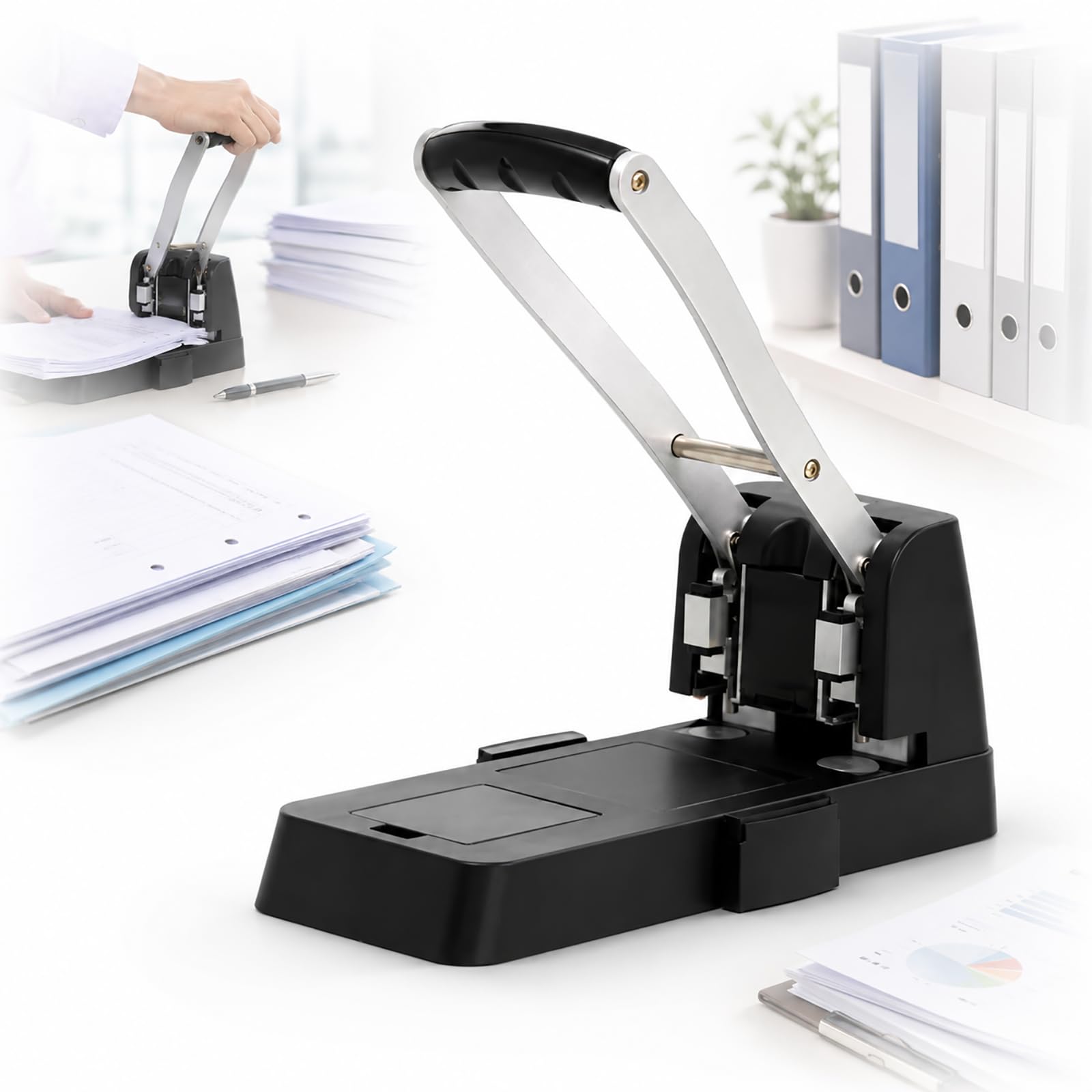 Trapanatrice per Carta a 2 Fori Pesante, Macchina Manuale per Forare Carta con Capacità di 150 Fogli, Distanza Tra i Fori di 80mm e Diametro del Foro di 6mm per Ufficio, Scuola e Casa