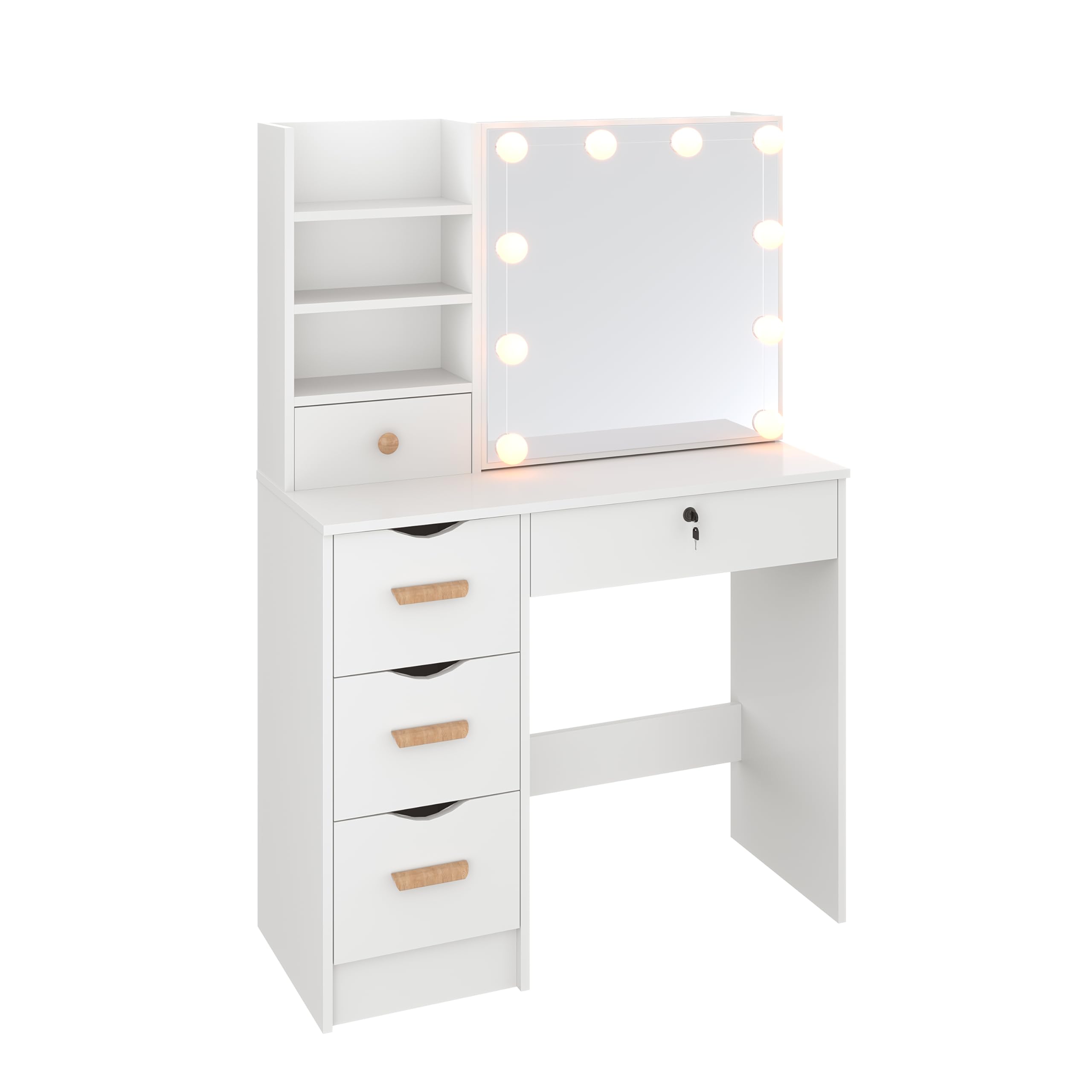 ZANOFIRA Dressing Table with Sliding Mirror, LED Lights with Adjustable Brightness, Makeup Desk with 3 Drawers & 4 Shelves, White Vanity Table for Bedroom Furniture, 90x38x132cm — image 1
