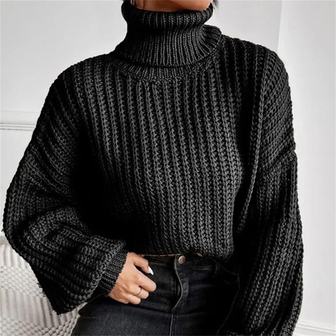 Maglione da donna a collo alto, tinta unita, a maniche lunghe, lavorato a maglia, largo, oversize, maglione
