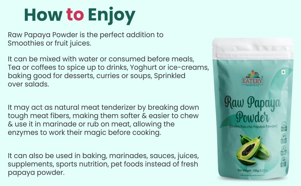 EATERY HARVEST Raw Papaya Powder, 100g, Green, Natural Food Tenderizer for Meat and Kofta, Cooking and Baking Ingredient - Image 3 thumbnail