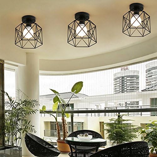 ZHMA Industrial Vintage Style 220V Semi Flush Mount Ceiling Light Metal Hanging Fixture Pendant Lighting for Indoor, use E27 Light Bulbs, Black 