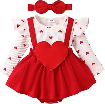 VISGOGO Baby Girl Valentines Day Outfit Romper Dress Ruffles Long Sleeve Heart Print Clothes Jumpsuit with Headband