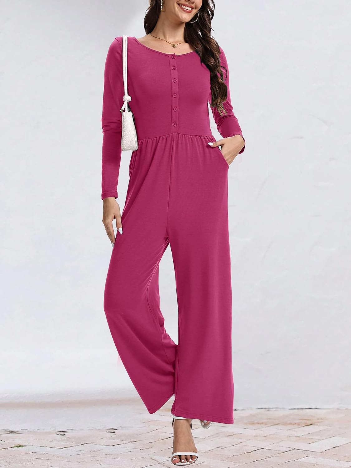 AUXDIO Women's Casual Long Sleeve Jumpsuits One Piece Crew Neck 2025 Wide Leg Pant Romper with Pocket - Image 6