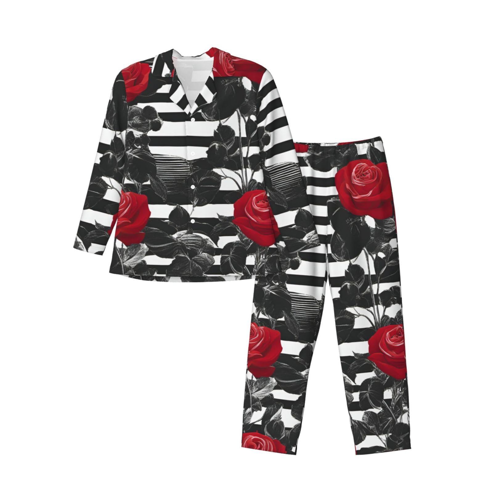 Nero Strisce Bianche Rosse Fiori Stampa Uomini Manica Lunga Pigiama Set Due Pezzi Home Wear Confortevole Indumenti Da Notte