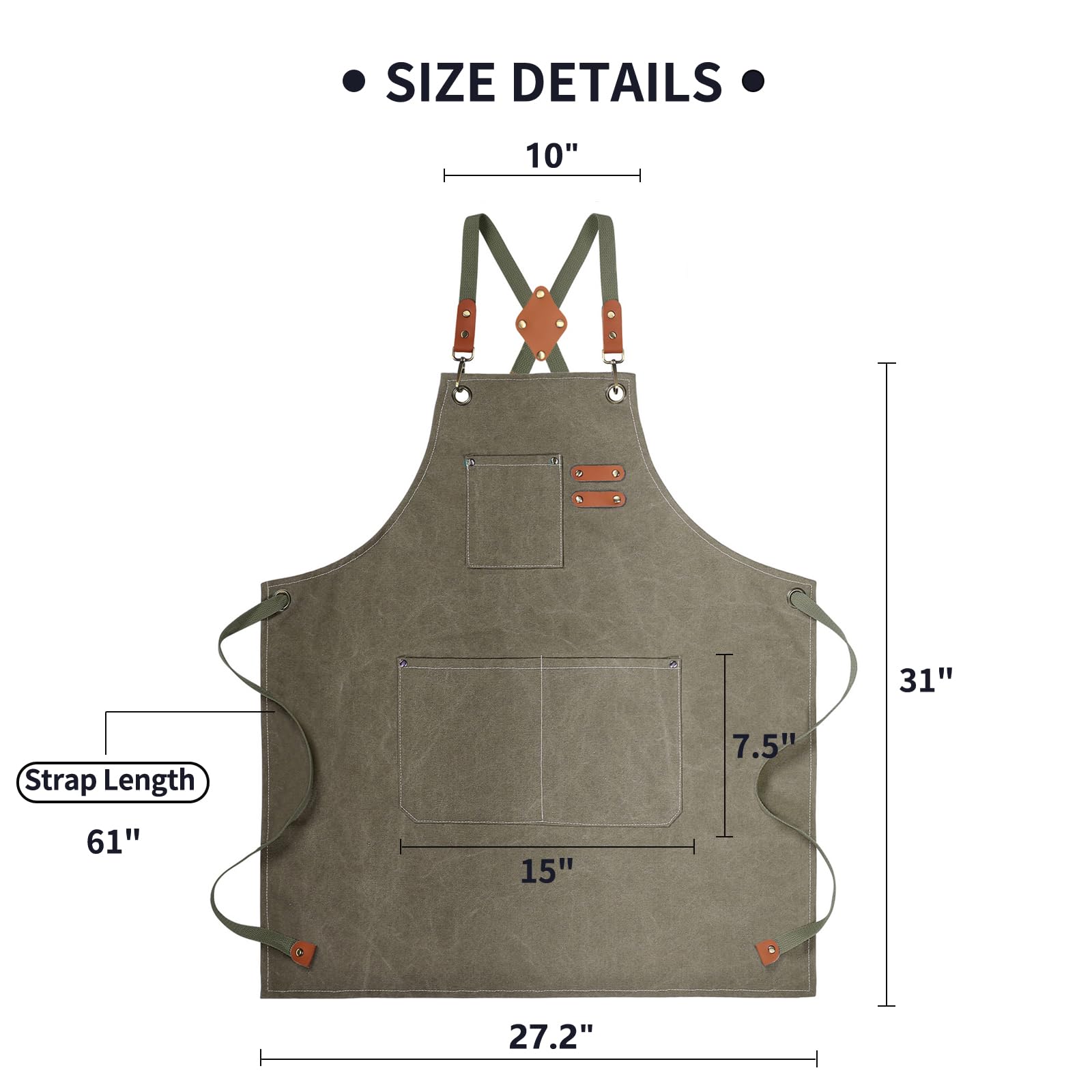 ZOMAO Delantal de chef, delantal de lona con espalda cruzada con bolsillos para hombres y mujeres, delantal de cocina para hornear, Gris Verde, M-XXL