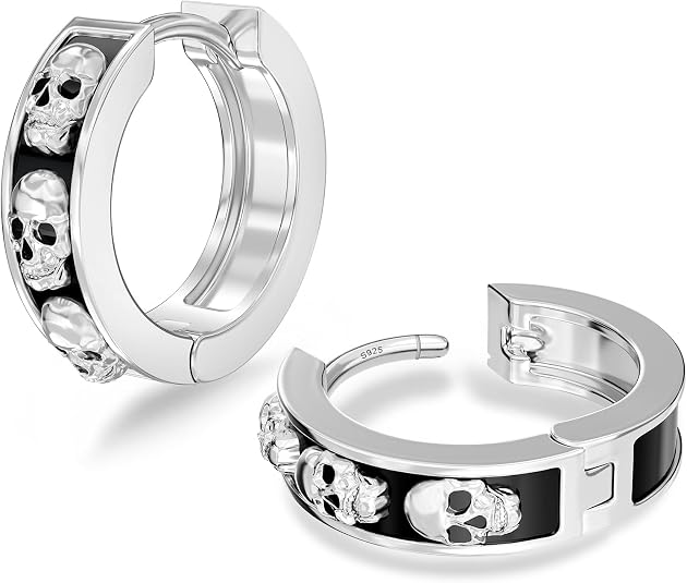KRKC&CO Hoop Earrings Men, Black and Silver Cubic Zirconia Earring