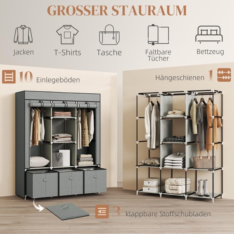 I0I&I0I Kleiderschrank Stoffschrank Faltschrank mit Reißverschluss & Kleiderstange, 3 Schubladen & 5 Ablagen, Faltbarer Garderobenschrank 125x43x162,5 cm für Schlafzimmer & Ankleidezimmer (Hellgrau)