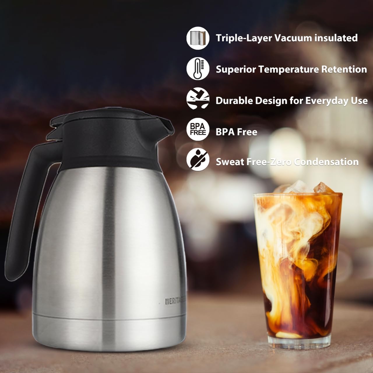 Jarra térmica de café de 34 onzas/1 litro, dispensador de bebidas calientes aislado, dispensador de café al vacío de acero inoxidable de triple pared para mantener el agua, té, café caliente o frío