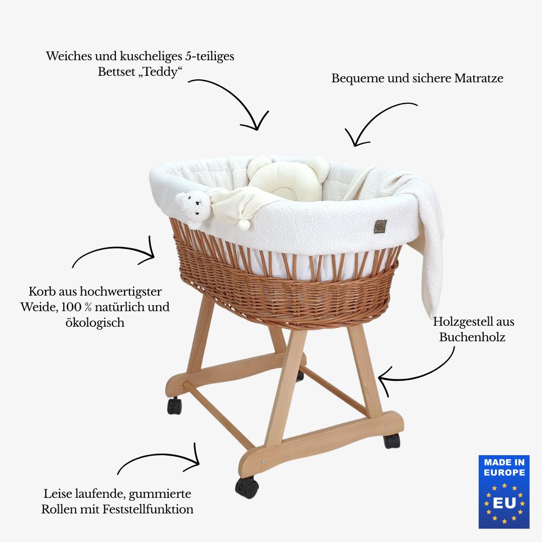 Łóżeczko dziecięce Amelia – naturalny ręcznie tkany Mojżesz ze stojakiem i materacem – 5-częściowy zestaw pościeli Teddy Ecru – przenośny Mojżesz na kółkach – idealny dla noworodków