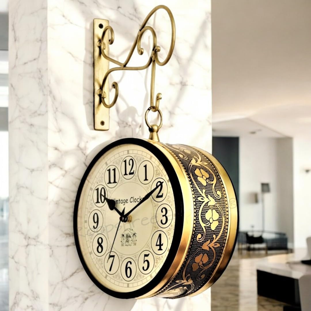 Vintage Clock Brass Finish Metal Handcrafted Double Side Railway Station Analog Clock ( One Side English , Anther Side Roman Number , 8 Inches Size , 8 X8 Inches/20 X 20 Cm )