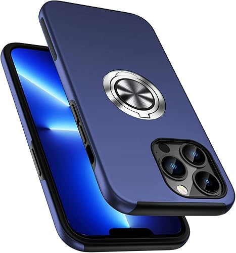 PELEPUES Funda a prueba de golpes para iPhone 13 Pro Max, anillo de dedo integrado Funda de grado militar con soporte de metal reforzado soporte