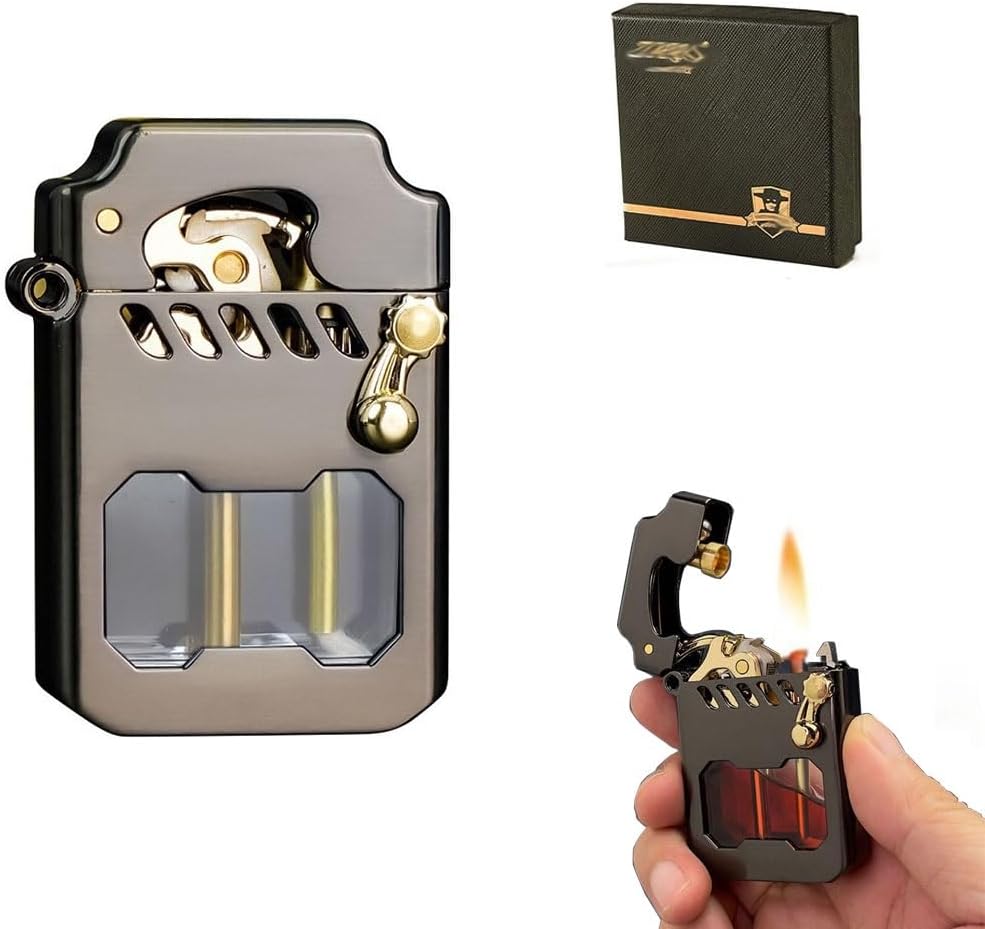 Old-Fashioned Retro Kerosene Lighter, Novel Rocker Arm Ejection Ignition, Transparent Oil Tank is Clear at a Glance, High-End Exquisite Gift Box(C)